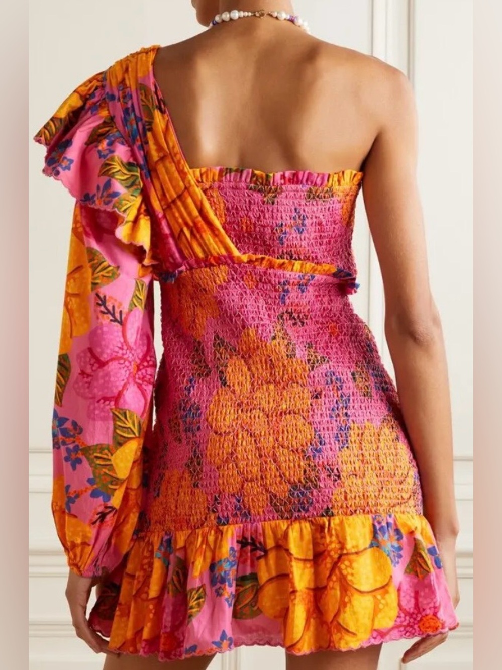 FARM Rio Hot Pink and Orange One-Shoulder Floral Mini Dress